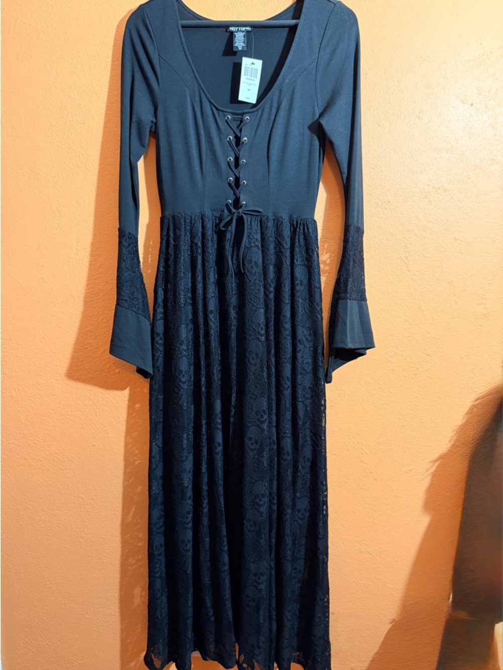 Hot Topic Black Lace-Up Long Sleeve Maxi Dress with Skull Lace
